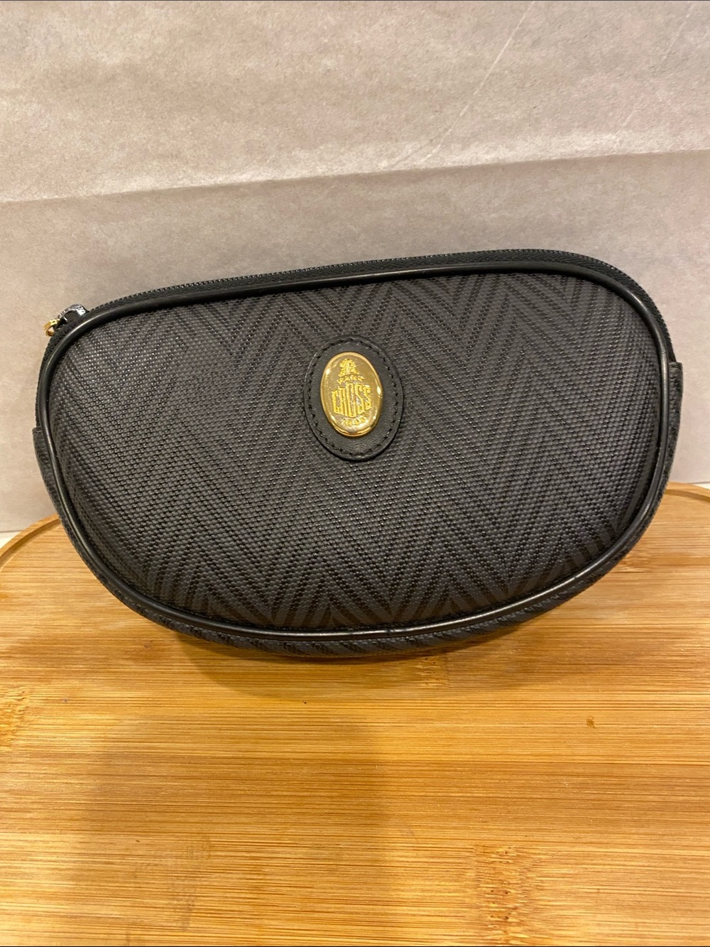 Vintage Mark Cross Black Herringbone Hard Case Pouch Gold Logo Crest Italy